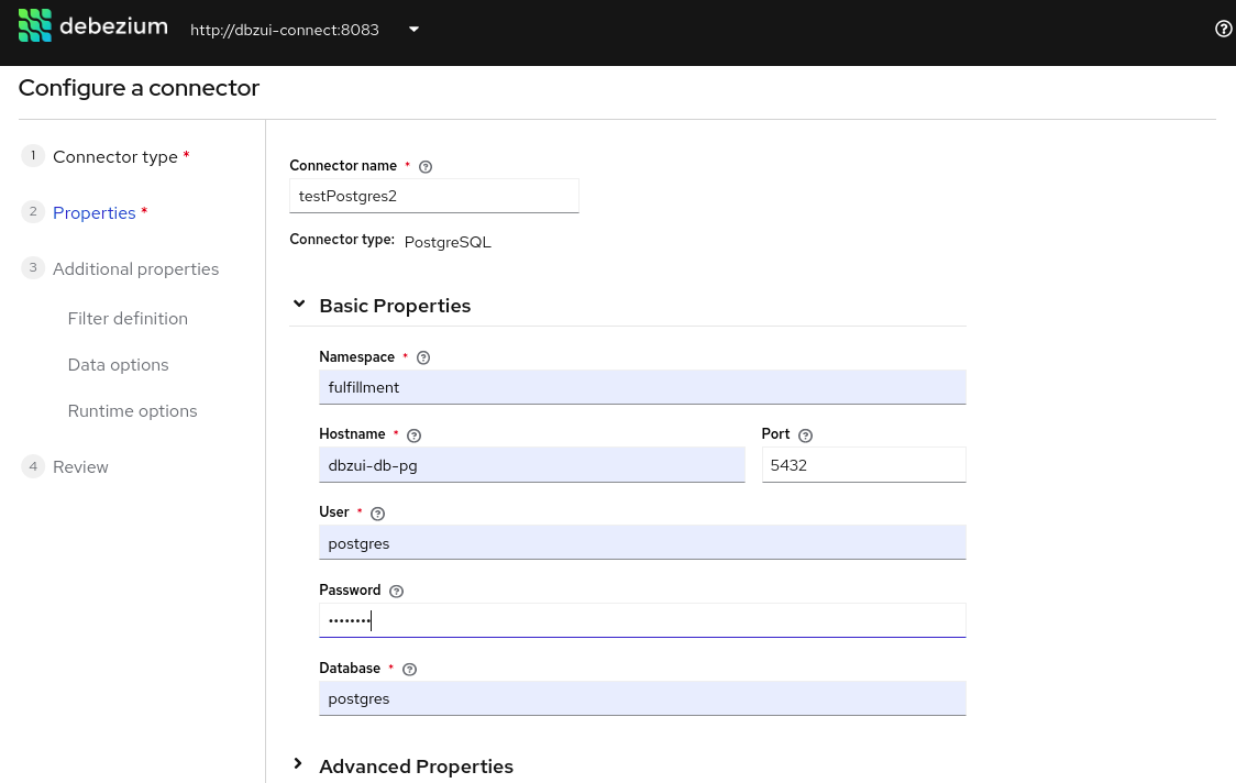 Debezium UI Create connector step2