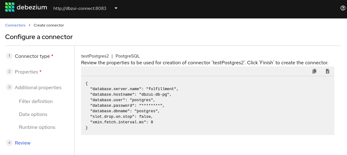 Debezium UI Create connector review